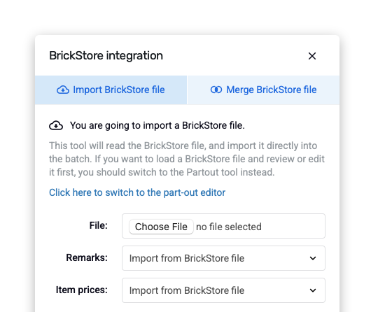 A screenshot of the new BrickStore import tool