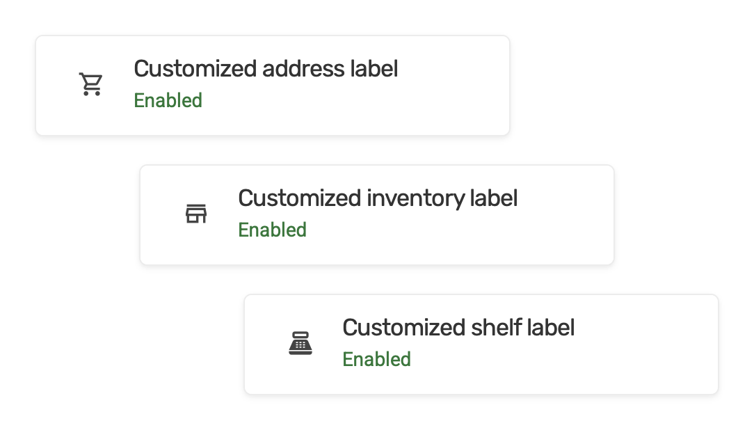 Types of custom labels: address labels, inventory item labels, shelf labels.