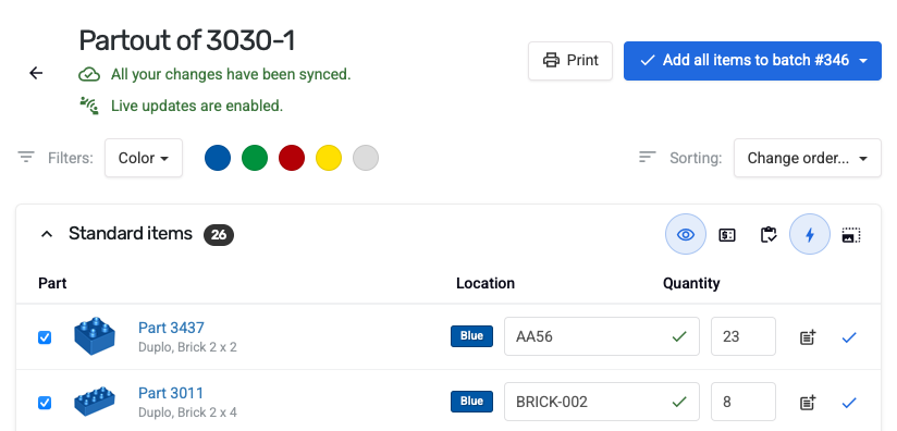 Screenshot showing the color filter in the part-out editor