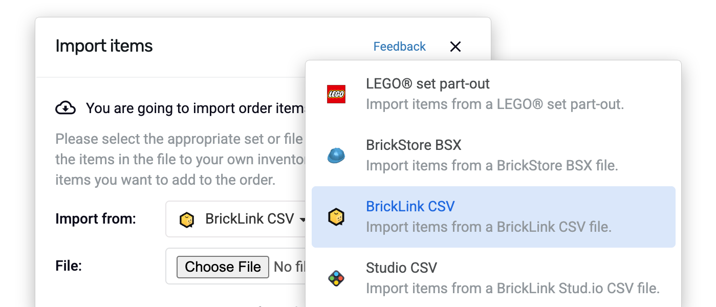 The import modal in a Storefront order, showing the four available import sources.