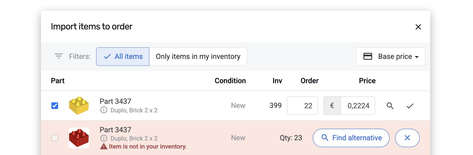 The import results view showing matched items, stock levels, and price editing.