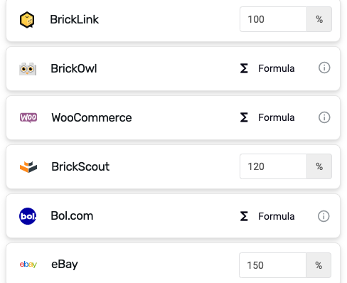 List of marketplaces with unique pricing formulas