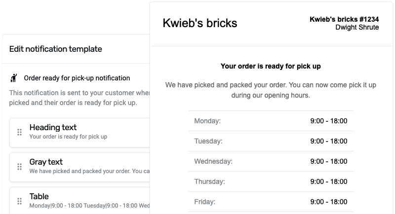 Screenshot showing an example of an order pick-up notification e-mail